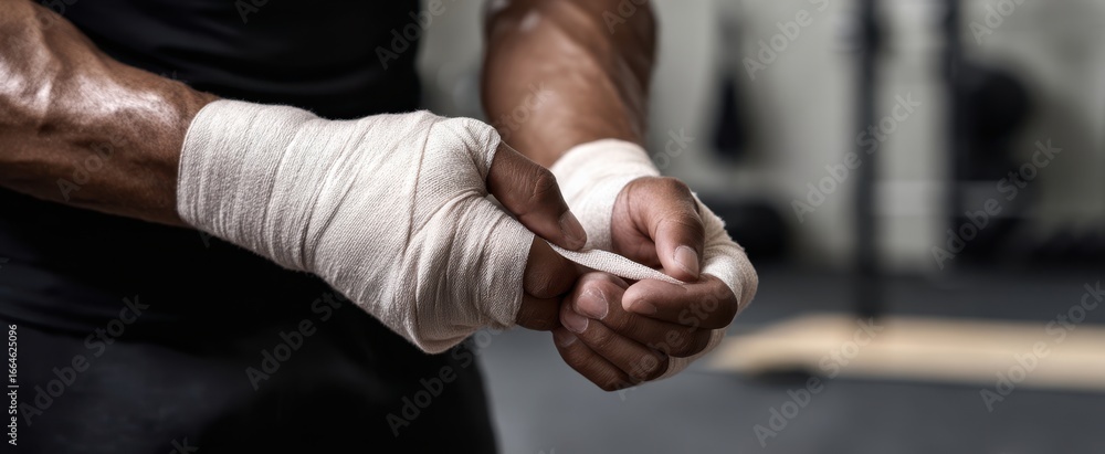 Fototapeta premium The boxer wrapping his hands with tape before an intense boxing training session