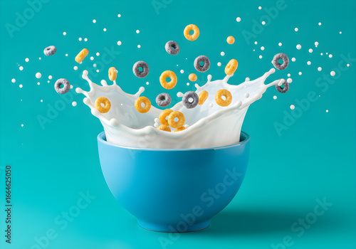 Nikmati sarapan nikmat dengan cincin sereal warna-warni yang melompat ke dalam susu krim, mengabadikan momen kegembiraan yang lezat dan energi pagi yang bersemangat.