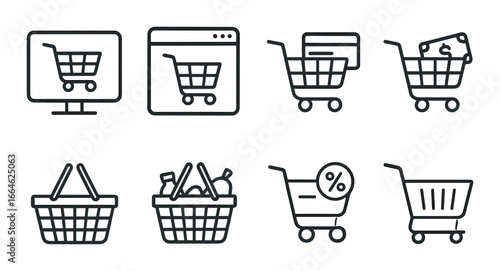 Shopping cart and basket icons for e-commerce and online shopping interface