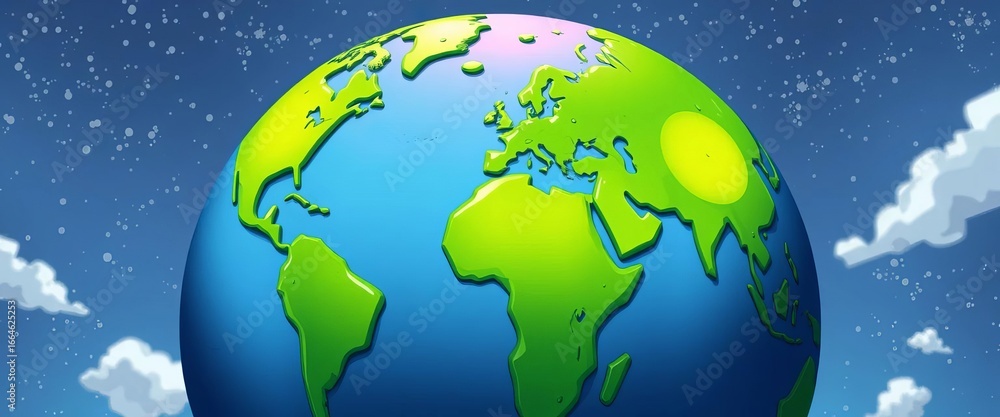 Fototapeta premium Whimsical cartoon globe, vibrant green continents, playful exaggeration, animation, simple