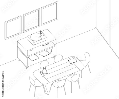 Contour drawing of a dining room with a table, chairs, a book, and a bottle, featuring wall frames in the background.