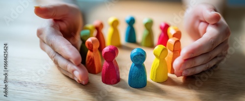 The wooden pawns sheltered by gentle hands in a colorful community circle promoting unity