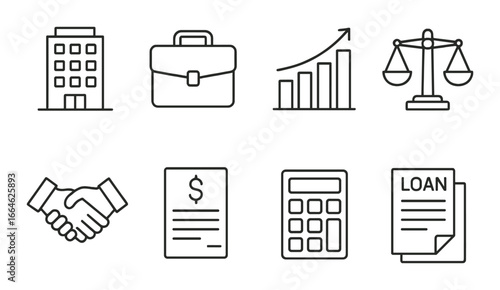 Business icons set with office building, briefcase, growth chart, and loan document