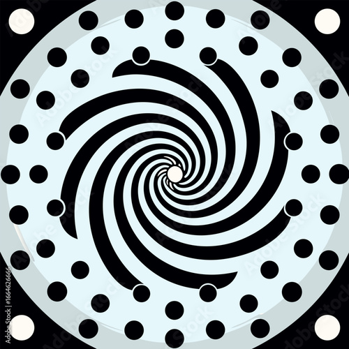 Black and white swirl pattern Abstract radial line style motion spiral Swirling circle dots Arrows in spiral spoke patterns. Clean dot swirl pattern.