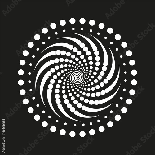 Black and white swirl pattern Abstract radial line style motion spiral Swirling circle dots Arrows in spiral spoke patterns. Clean dot swirl pattern.