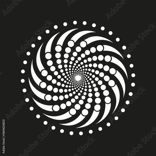 Black and white swirl pattern Abstract radial line style motion spiral Swirling circle dots Arrows in spiral spoke patterns. Clean dot swirl pattern.