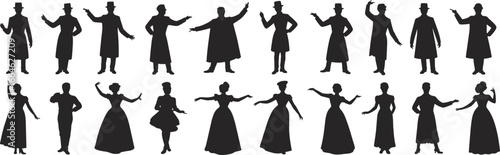 Vintage people silhouettes, historical fashion figures, Victorian era clothing, retro couple poses, antique dress style, 19th century attire, formal costume design