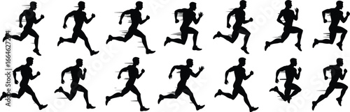 Black running silhouette sequence, sprint motion phases, athlete speed illustration, sports biomechanics vector, fitness training graphic, dynamic movement icons