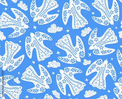 scandinavian nordic style folk art floral decorated flying birds, clouds, stars seamless pattern  in blue and white, hand drawn vector illustration repeat design print