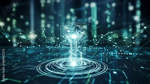 Futuristic digital hologram of a human figure surrounded by glowing data streams and circular interface elements in a dark space