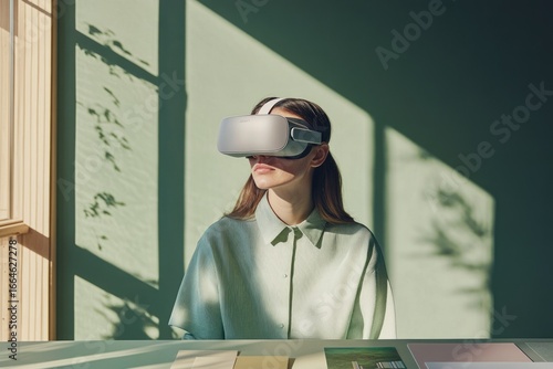 Woman wearing a Meta Quest 2 VR headset, experiencing immersive virtual reality.