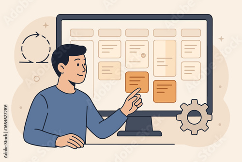 Agile software development and project management using kanban or scrum methodology. Man at computer screen with task board, managing workflow process, sprint, and iteration.