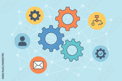 Business process management and workflow automation vector concept. Diagram with gears and icons. System integration, technology, communication and operations management illustration.