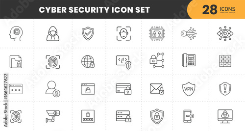  Cyber security icon set with 28 modern line symbols including data protection, firewall, VPN, password safety, encryption, secure login, cloud security, malware defense, biometrics, and digital priva