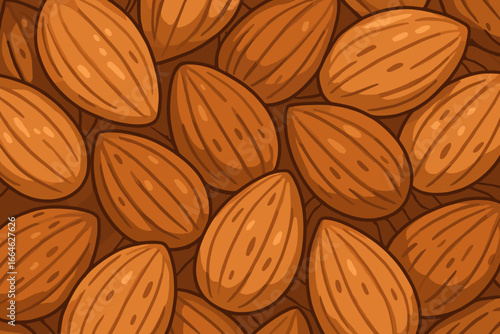 Almonds seamless pattern background. Vector cartoon illustration of healthy organic nuts. Food texture for packaging design. Natural snack, diet ingredient, brown backdrop concept.