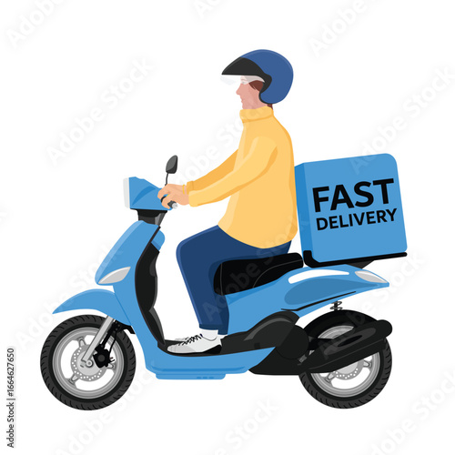 Man ride scooter to deliver package, isolated on white background. Fast fdelivery concept