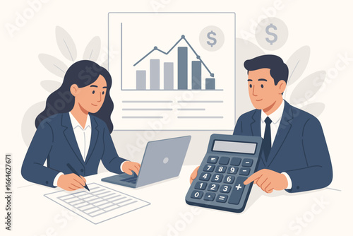 Team of accountants analyzing financial data. Man and woman calculate budget, profit and loss on calculator and laptop. Business analytics concept with report graph chart.