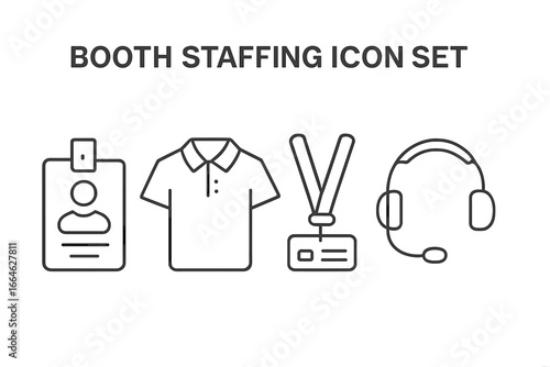 Booth staffing essentials outline icon set. Vector icons for event staff, trade show personnel, or conference team. Includes ID badge, polo shirt, lanyard, and headset.