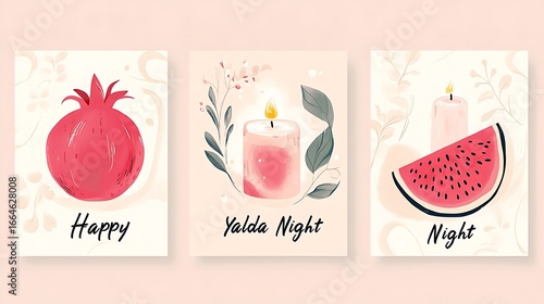Festive Yalda Night Cards with Pomegranate, Candle, and Watermelon