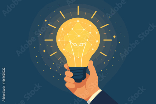 Businessman hand holding glowing light bulb with network inside. Concept of new idea, innovation, inspiration, creativity, technology, business solution, and success.