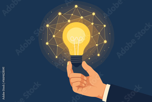 Businessman hand holds glowing light bulb with network. Concept for innovation, new idea, inspiration, creativity, technology, business solution, strategy and connection.