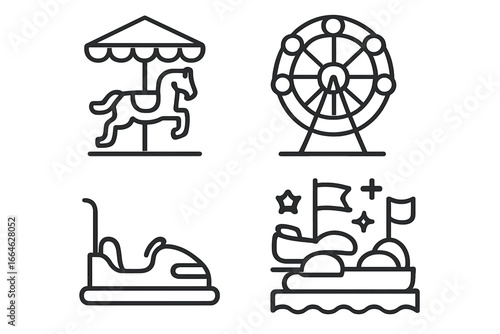 Amusement park and carnival fun fair icon collection. Outline vector set with classic rides like carousel, ferris wheel, bumper car, and a water parade float attraction.