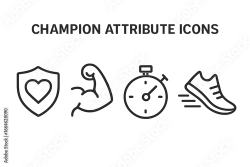 Champion attribute outline icons. Game character stats concept. Strength, power, speed, agility, endurance. Health, defense, muscle, stopwatch, and shoe vector symbols.
