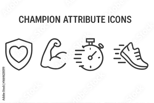 Champion attribute icon set. Vector outline icons for game character skills. Includes strength, power, speed, agility, and endurance. Muscle, stopwatch, shoe, shield.