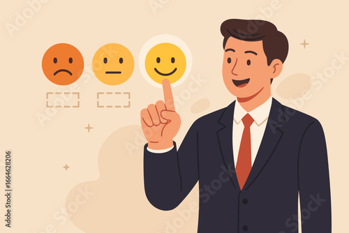 Customer satisfaction concept. Businessman giving positive review. Excellent service rating. Client feedback with happy smile emoji. Man choosing good experience on survey.