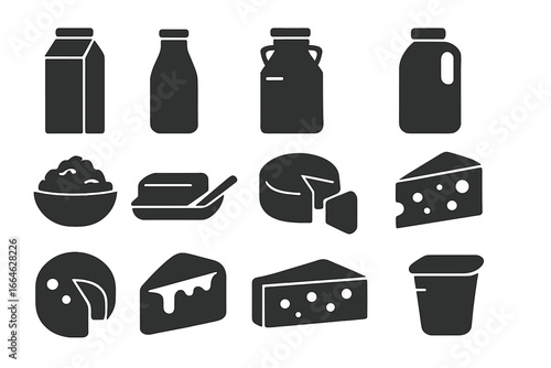 Dairy product silhouette icons set. Milk, cheese, butter, and yogurt symbols. Vector food illustration collection for graphic design. Farm fresh dairy glyphs and pictograms.
