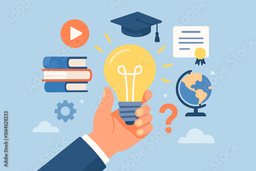 Hand holding lightbulb with learning, educate and graduation concept. Study knowledge for creative thinking idea and problem-solving solution. E-learning, online education.