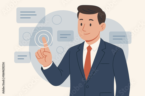 Businessman touching virtual screen. Manager interacting with digital interface. Modern flat vector cartoon illustration. Future technology, innovation, UI, UX concept.