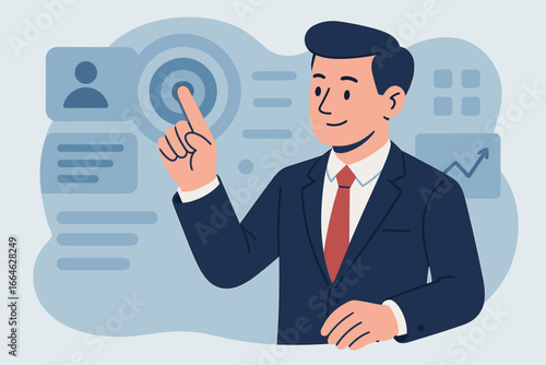 Businessman touching digital interface. Man in suit interacting with futuristic dashboard. Data analysis, strategy, and technology concept. Modern flat vector cartoon illustration.