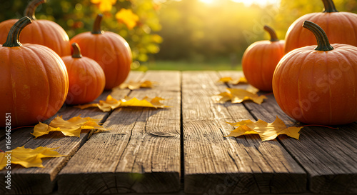 Labu musim gugur pedesaan di atas kayu lapuk dengan daun musim gugur keemasan, cocok untuk panen Thanksgiving, tema Halloween, dan perayaan musiman dengan cahaya hangat