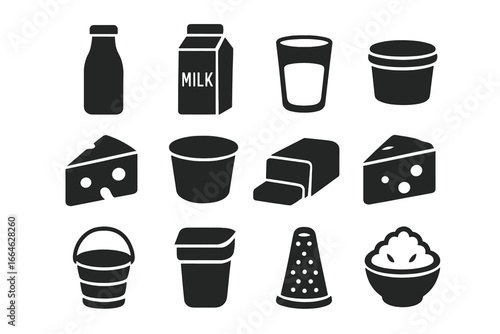 Big set of dairy product silhouette icons. Filled glyph collection of milk and cheese symbols. Farm food, breakfast drink, calcium nutrition. Vector illustration isolated on white.