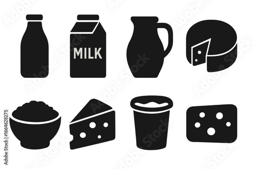 Dairy product silhouette icons set. Solid filled milk and cheese symbols. Vector graphic collection includes yogurt, cottage cheese, bottle, carton, pitcher, and farm food.