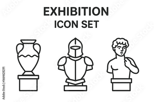 Museum exhibition icon set with ancient, medieval, and renaissance art. Vector line icons of historical artifacts, greek pottery, knight armor, and classic sculpture bust.