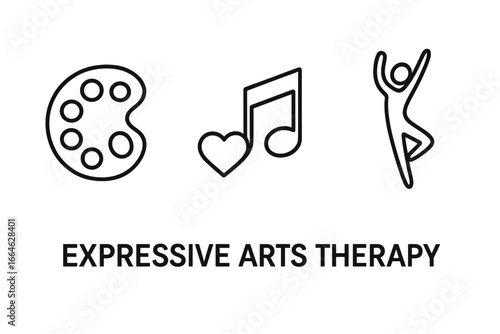 Expressive arts therapy icon set. Art, music, and dance therapy symbols. Paint palette, heart note, dancer silhouette. Mental health, psychology, and creative healing concept.