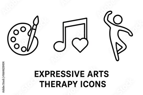 Expressive arts therapy icons. Art, music, and dance therapy symbols for mental health and wellbeing. Creative healing concept with paint palette, music note, and dancer vector set.