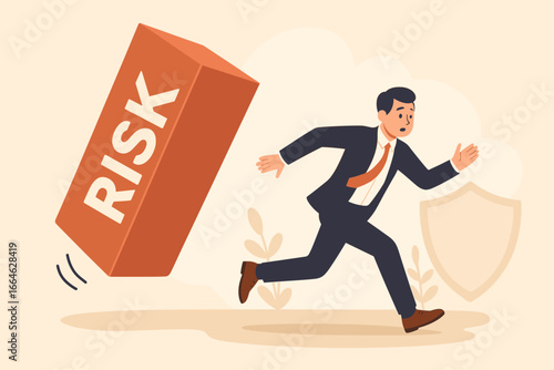 Risk aversion concept. Businessman investor runs from falling financial risk block. Metaphor for avoiding danger, escaping uncertainty and fear to find safety and security.