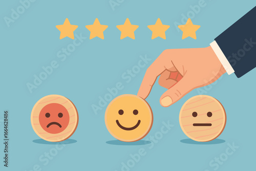 Customer satisfaction survey concept. Hand of a client choosing the happy smile face icon for a five-star rating. Positive feedback, service quality review and experience.