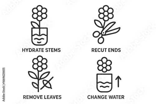 Flower care icons set for bouquet conditioning. Vector line art symbols for florists guide: hydrate stems, recut ends, remove leaves, and change water. Plant care infographic.