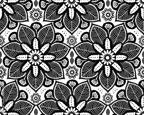 floral botanical mandala medallions in monochrome black and white  seamless pattern, vector illustration repeat boho print design