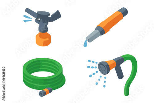 Garden irrigation isometric icon set. Watering equipment collection with sprinkler, adjustable nozzle, and hose. Vector illustration for lawn care and gardening tools concept.