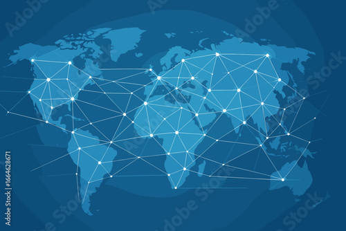 Global network connection concept. World map with glowing nodes and lines. Abstract communications technology background. Worldwide business, data transfer, and logistics web.