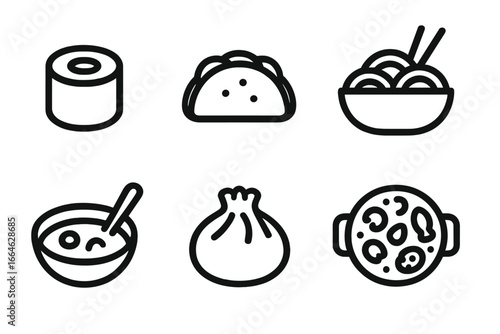 World food line icon set. Global cuisine symbols. Vector graphic collection of sushi, taco, noodles, curry, dumpling, paella. Outline illustration for restaurant menu design.