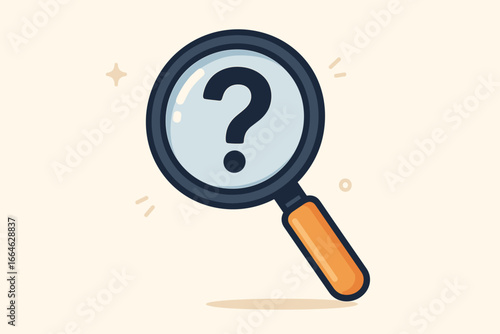Magnifying glass with a question mark. Concept of finding or searching for an idea or information. Find the answer. Research, investigation, discovery, faq, support, problem.