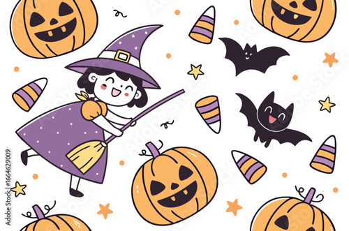 Halloween pattern with witch, pumpkins, bats, and candy corn