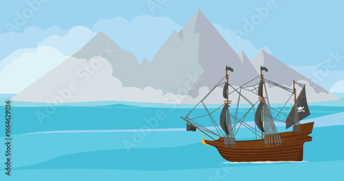 Pirate ship or corsair sailboat with pirate flag with skull