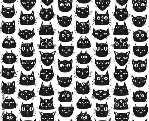 cute block print funny black cats faces portraits on white background seamless pattern, vector illustration hand drawn repeat design print